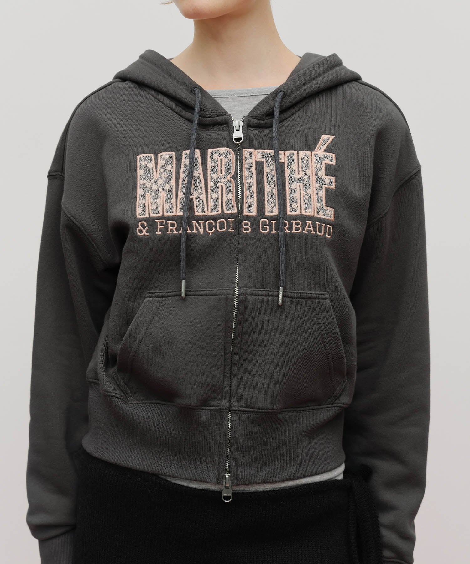 Marithe & Francois Girbaud - Lace Applique Crop Hoodie Zipup (Charcoal) product image 4 | TRAB K-Fashion Australia