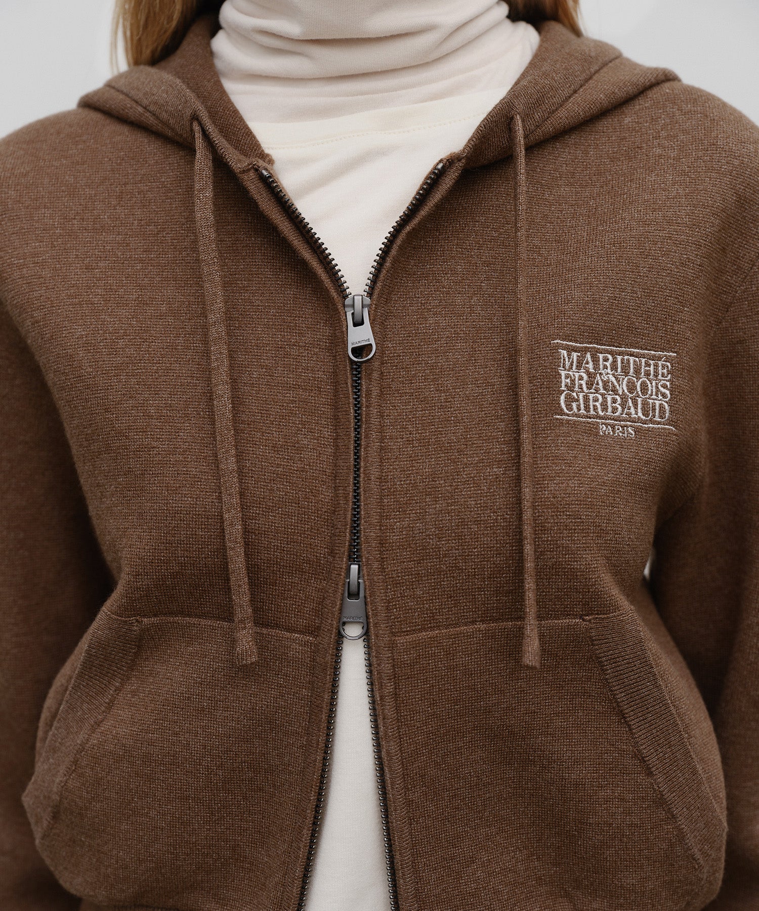 Marithe & Francois Girbaud - Classic Logo Crop Knit Hoodie Zipup (Brown) product image 4 | TRAB K-Fashion Australia
