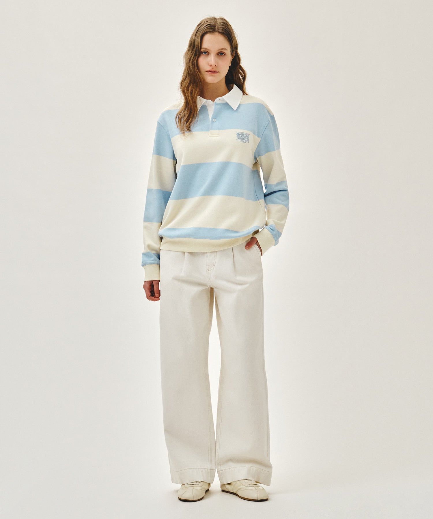 Marithe & Francois Girbaud - Small Classic Logo Rugby Stripe Sweatshirt (Sky Blue) product image 4 | TRAB K-Fashion Australia