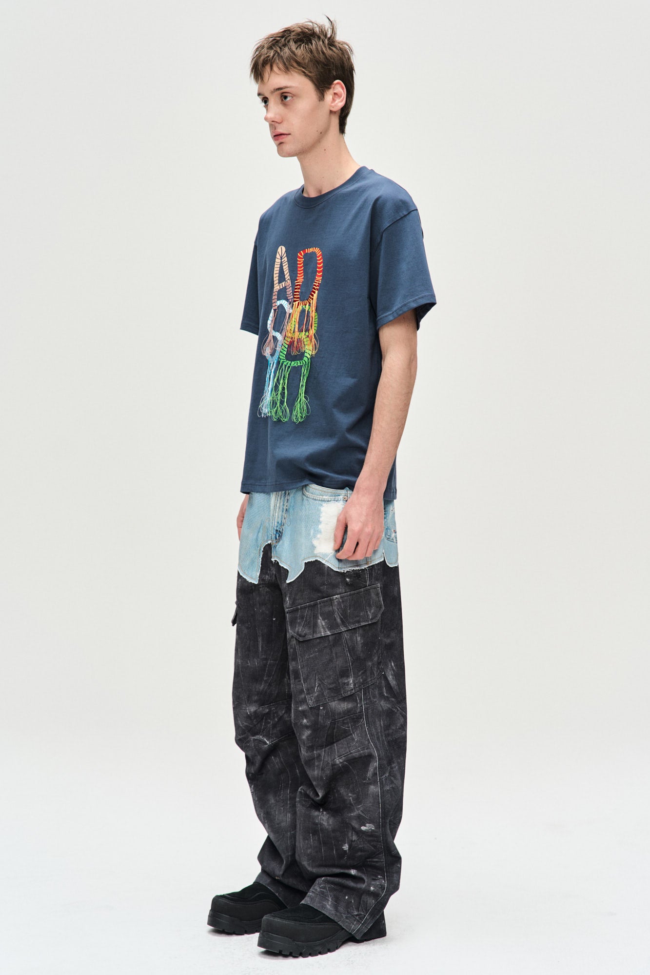 Andersson Bell - Faux-Denim & Scratch Leather Printed Cargo-Pants (Denim/Black) product image 2 | TRAB K-Fashion Australia