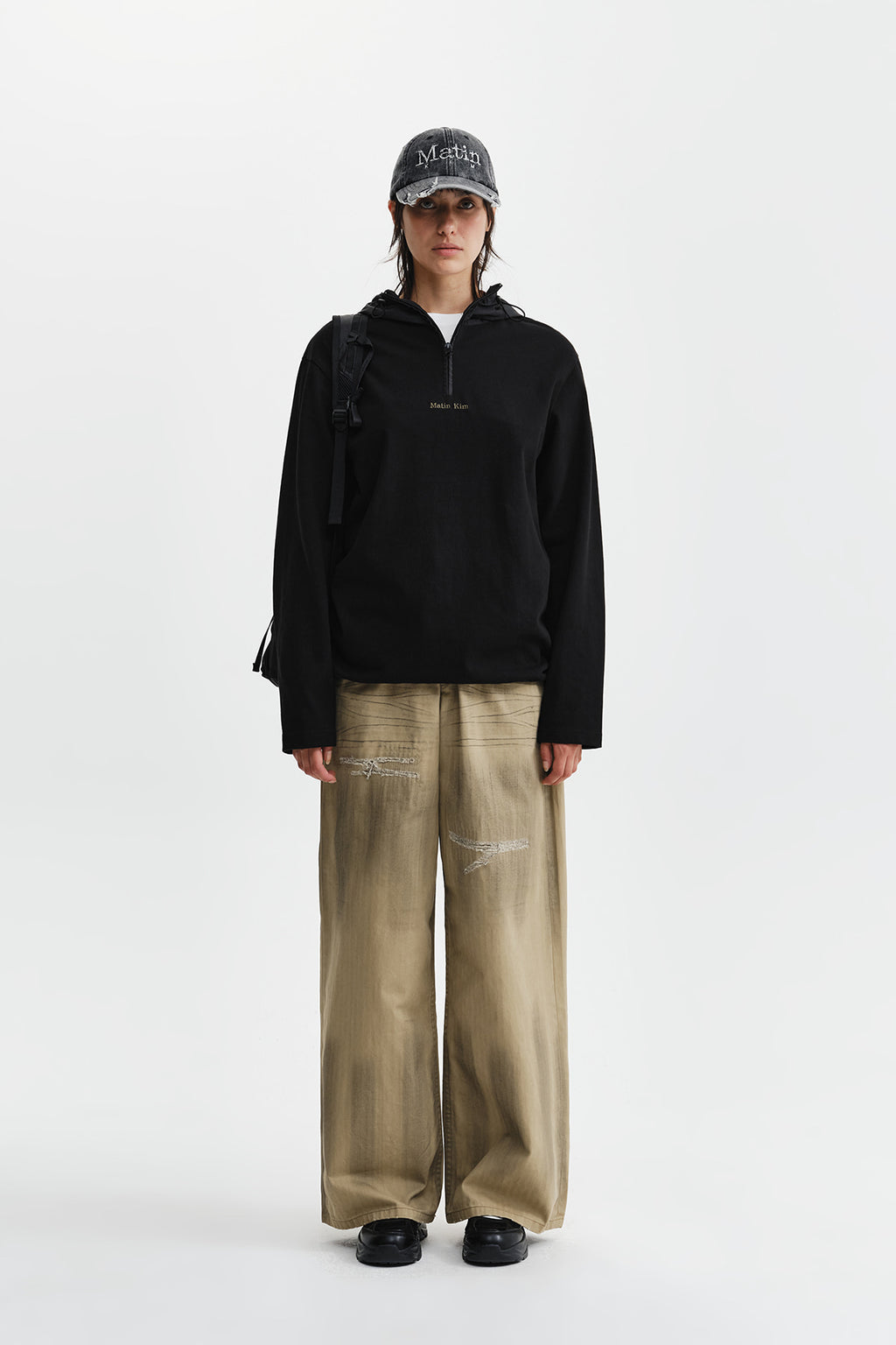 Matin Kim - Distressed Herringbone Wide Pants (Beige) product image 6 | TRAB K-Fashion Australia