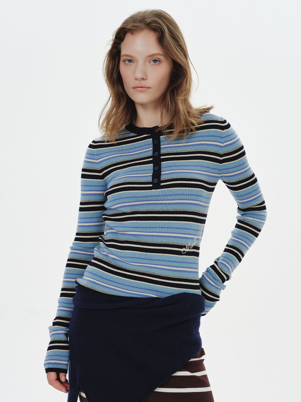 Mardi Mercredi - Slim Henley Knit Top Multi Stripe (Blue) product image 1 | TRAB K-Fashion Australia