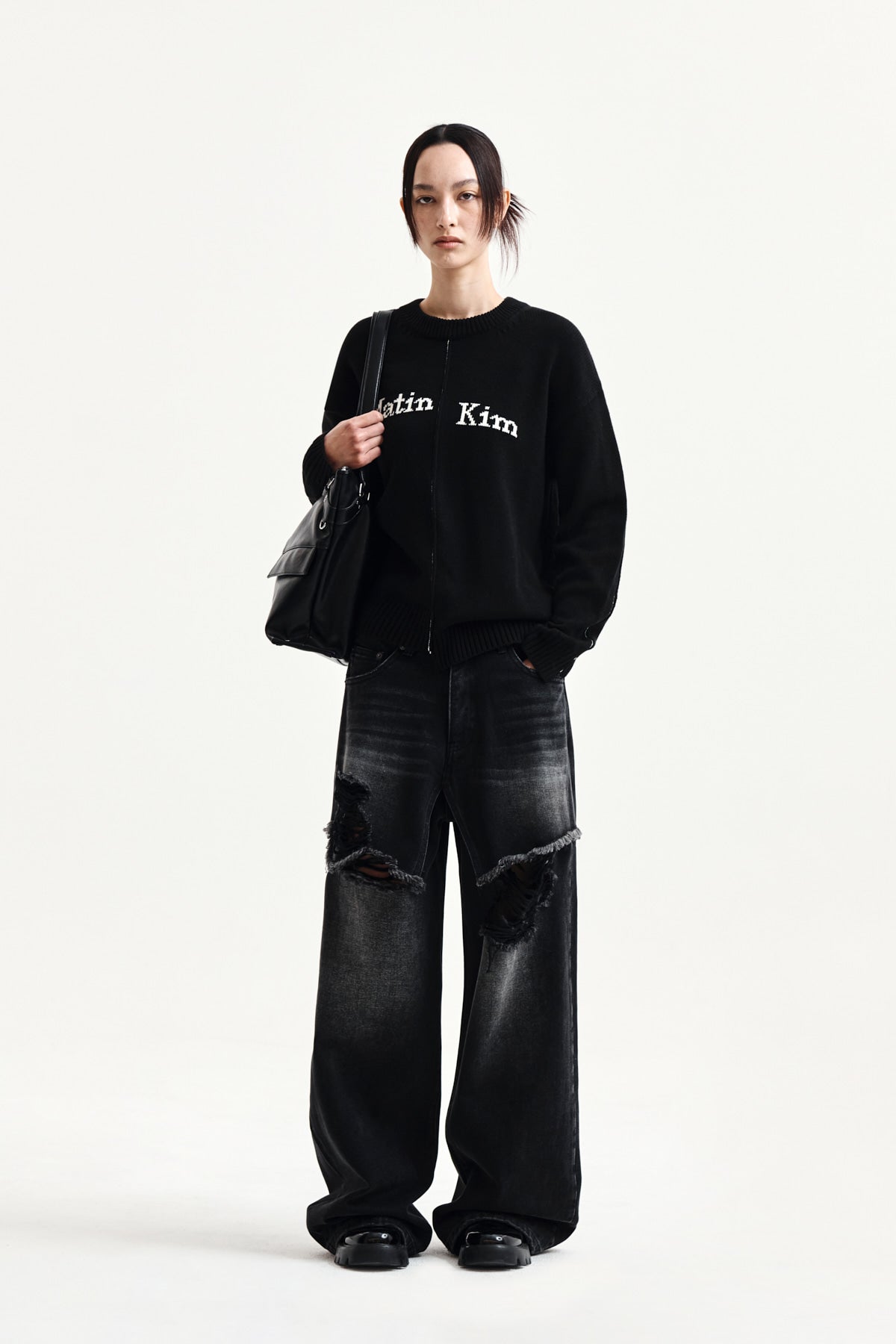 Matin Kim - Asymmetric Logo Knit Pullover (Black) product image 9 | TRAB K-Fashion Australia