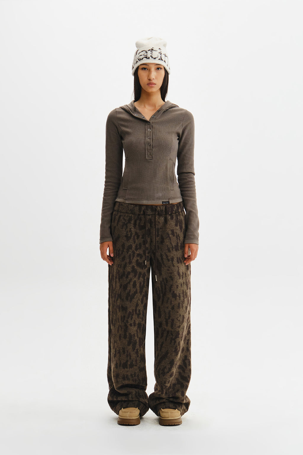 Matin Kim - Waffle Henley Neck Hood Top (Khaki) product image 7 | TRAB K-Fashion Australia