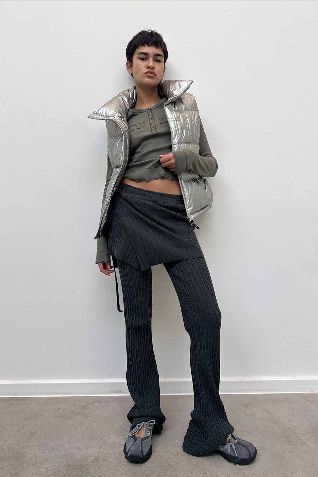 Matin Kim - Layered Knit String Wrap Skirt (Charcoal) product image 8 | TRAB K-Fashion Australia