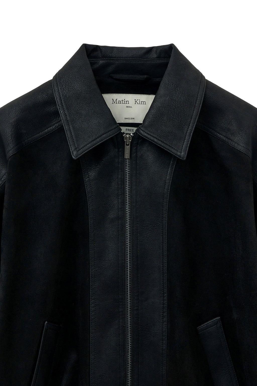 Matin Kim - Suede Mix Leather Zip Up Jumper (Black) product image 3 | TRAB K-Fashion Australia
