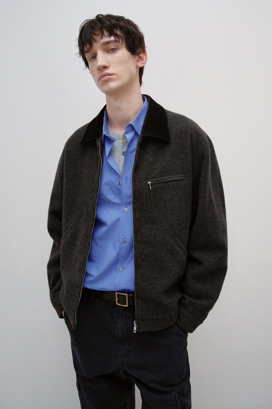 Insilence - Velvet Trimmed Wool Jacket (Brown) product image 1 | TRAB K-Fashion Australia