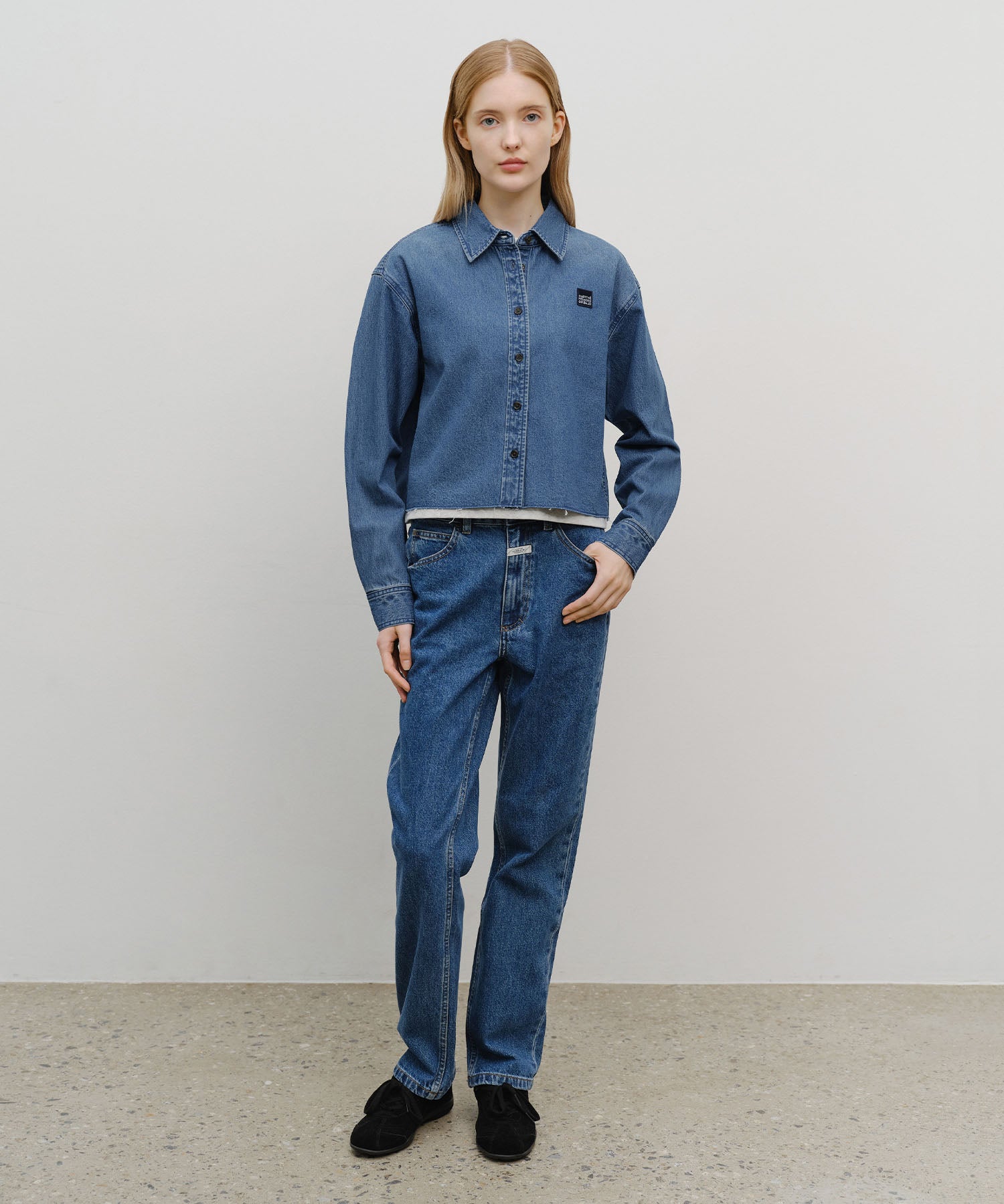 Marithe & Francois Girbaud - Heritage Lettering Logo Denim Crop Shirt (Blue) product image 5 | TRAB K-Fashion Australia