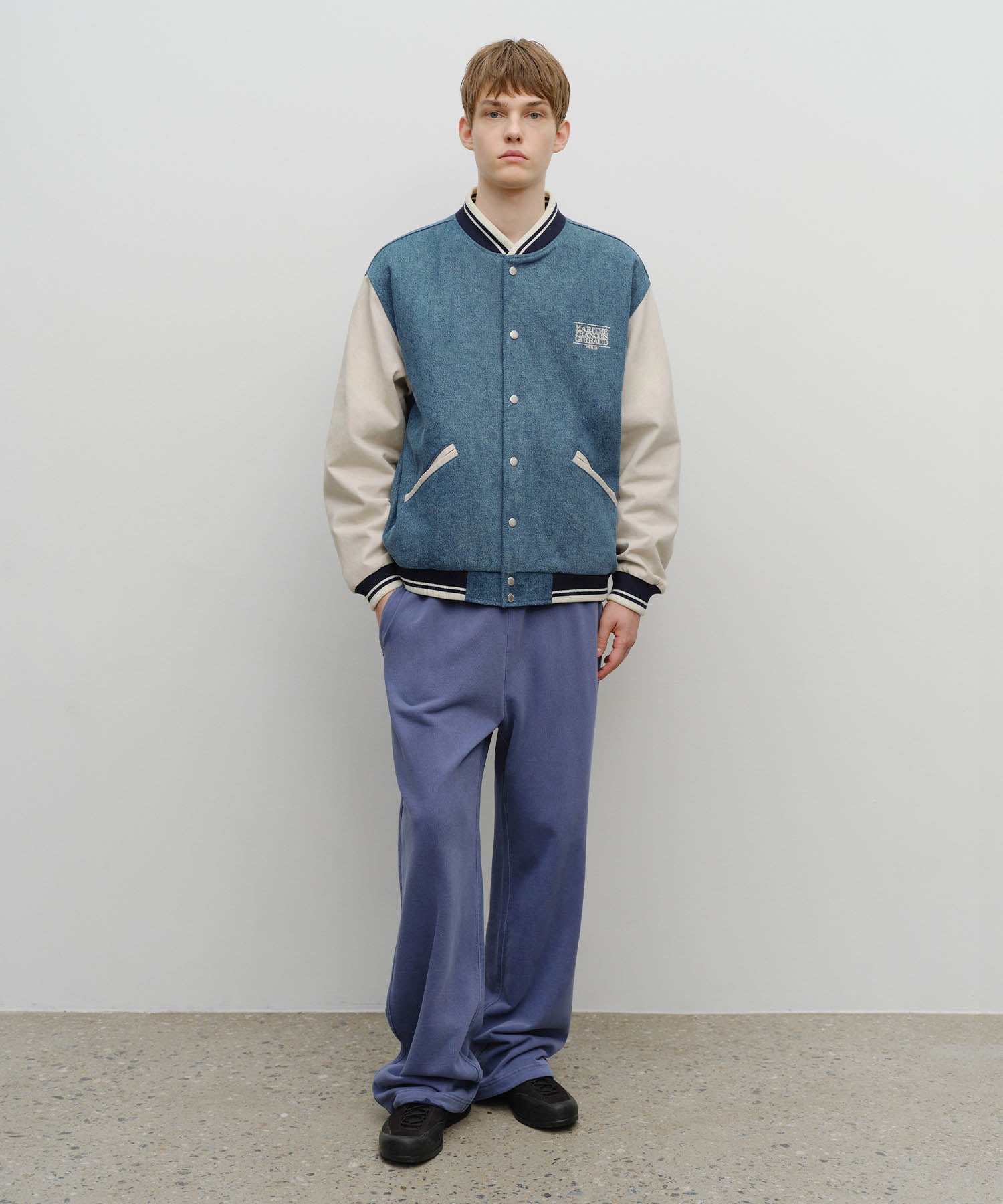 Marithe & Francois Girbaud - Classic Logo Embroidery Denim Varsity Jacket (Light Blue) product image 5 | TRAB K-Fashion Australia