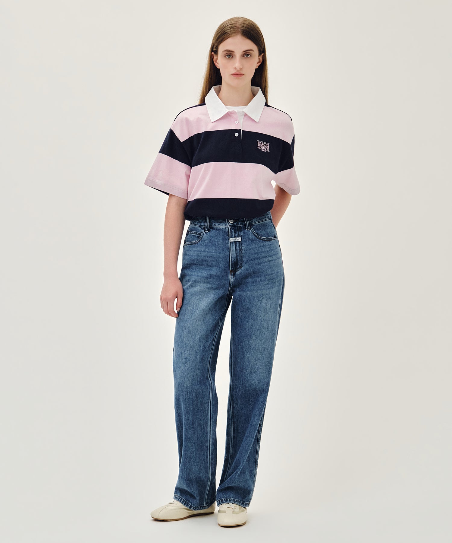 Marithe & Francois Girbaud - Small Classic Logo Rugby Stripe Oversized Collar Tee (Pink) product image 5 | TRAB K-Fashion Australia