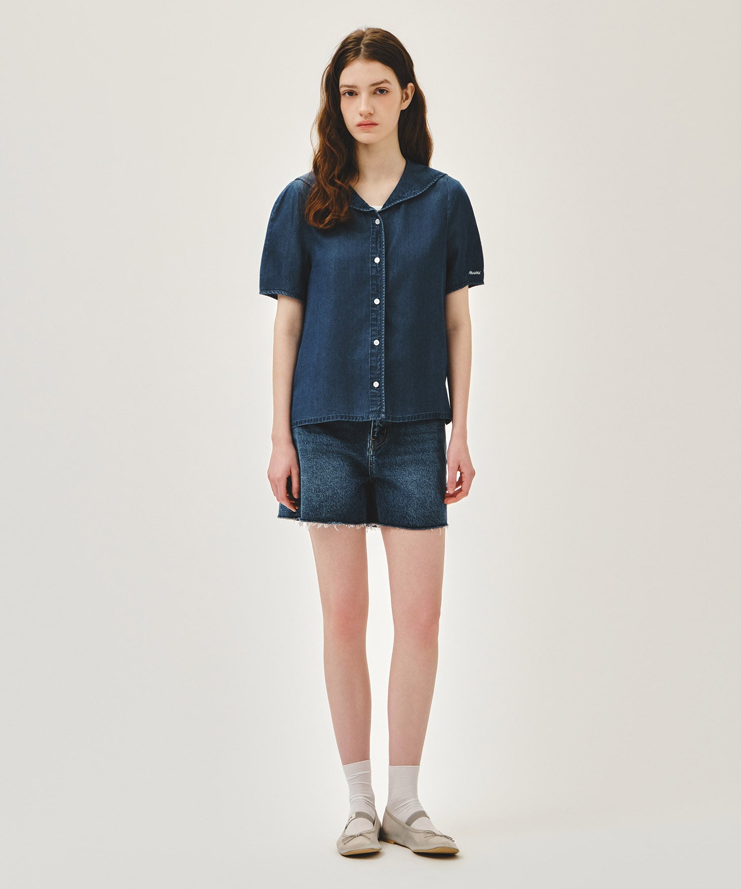 Marithe & Francois Girbaud - Sailor Collar Short Sleeve Chambray Shirt (Dark Blue) product image 5 | TRAB K-Fashion Australia