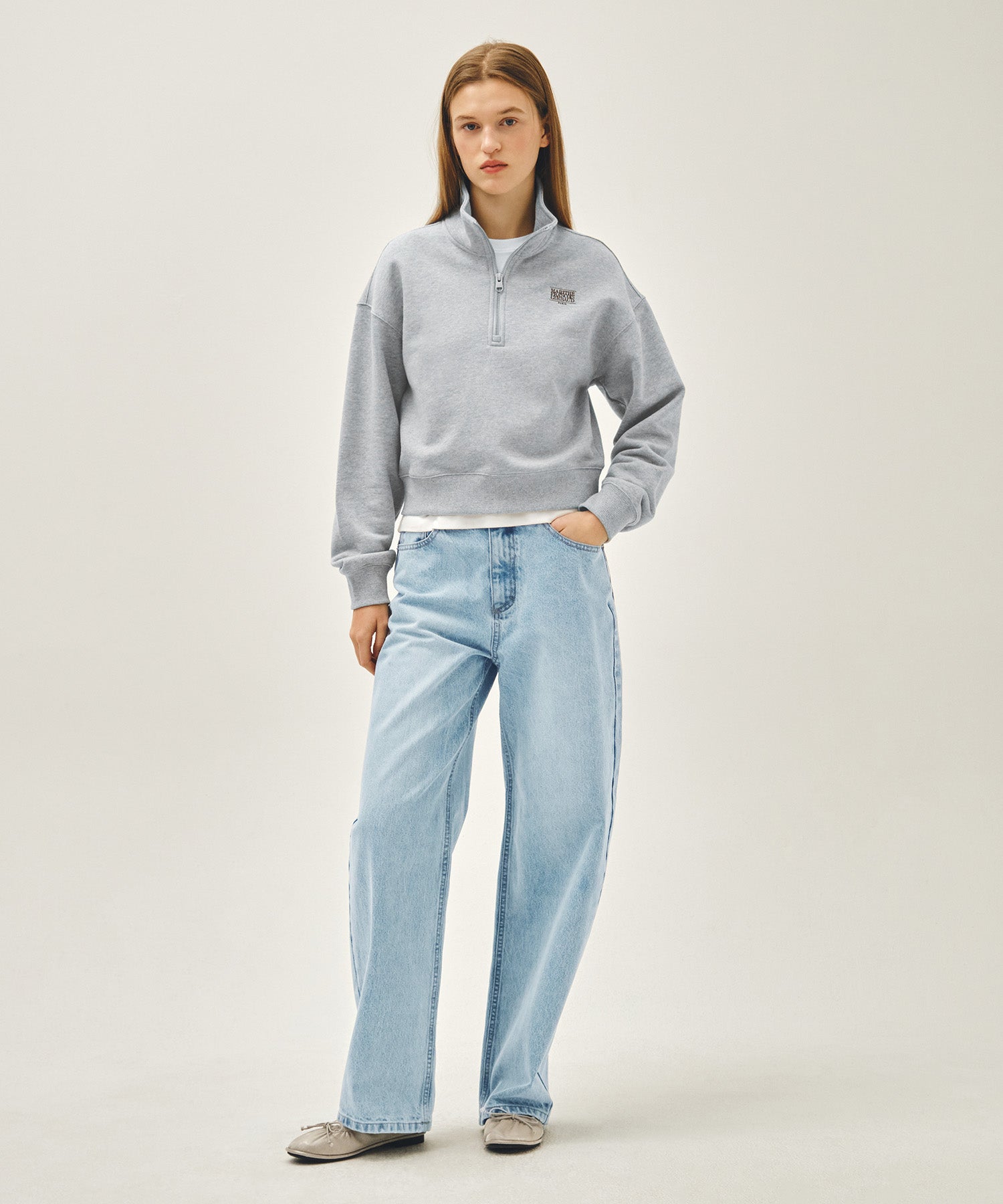 Marithe & Francois Girbaud - Small Classic Logo Half Zipup Crop Sweatshirt (Heather Gray) product image 5 | TRAB K-Fashion Australia