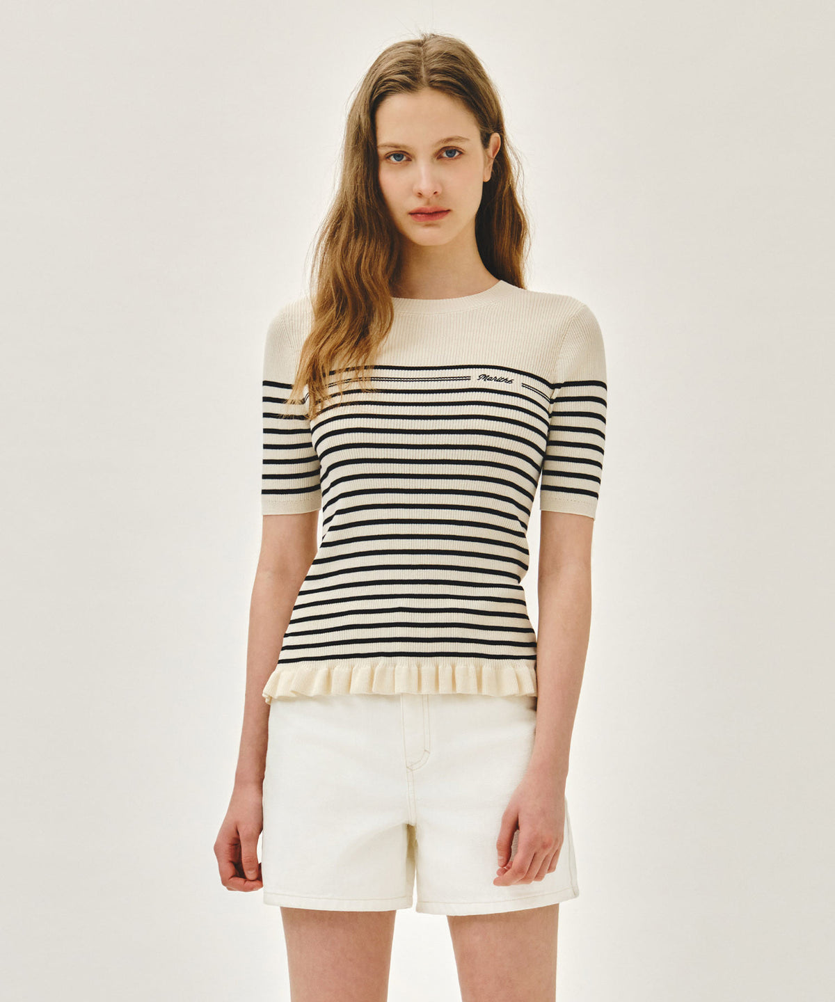 Marithe & Francois Girbaud - Ruffle Point Stripe Half Knit Pullover (Beige) product image 1 | TRAB K-Fashion Australia
