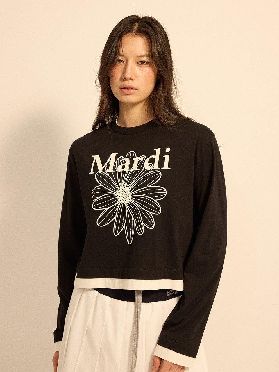 Mardi Mercredi - Tshirt Long Sleeve Flowermardi Layered Detail (Black Ivory) product image 1 | TRAB K-Fashion Australia