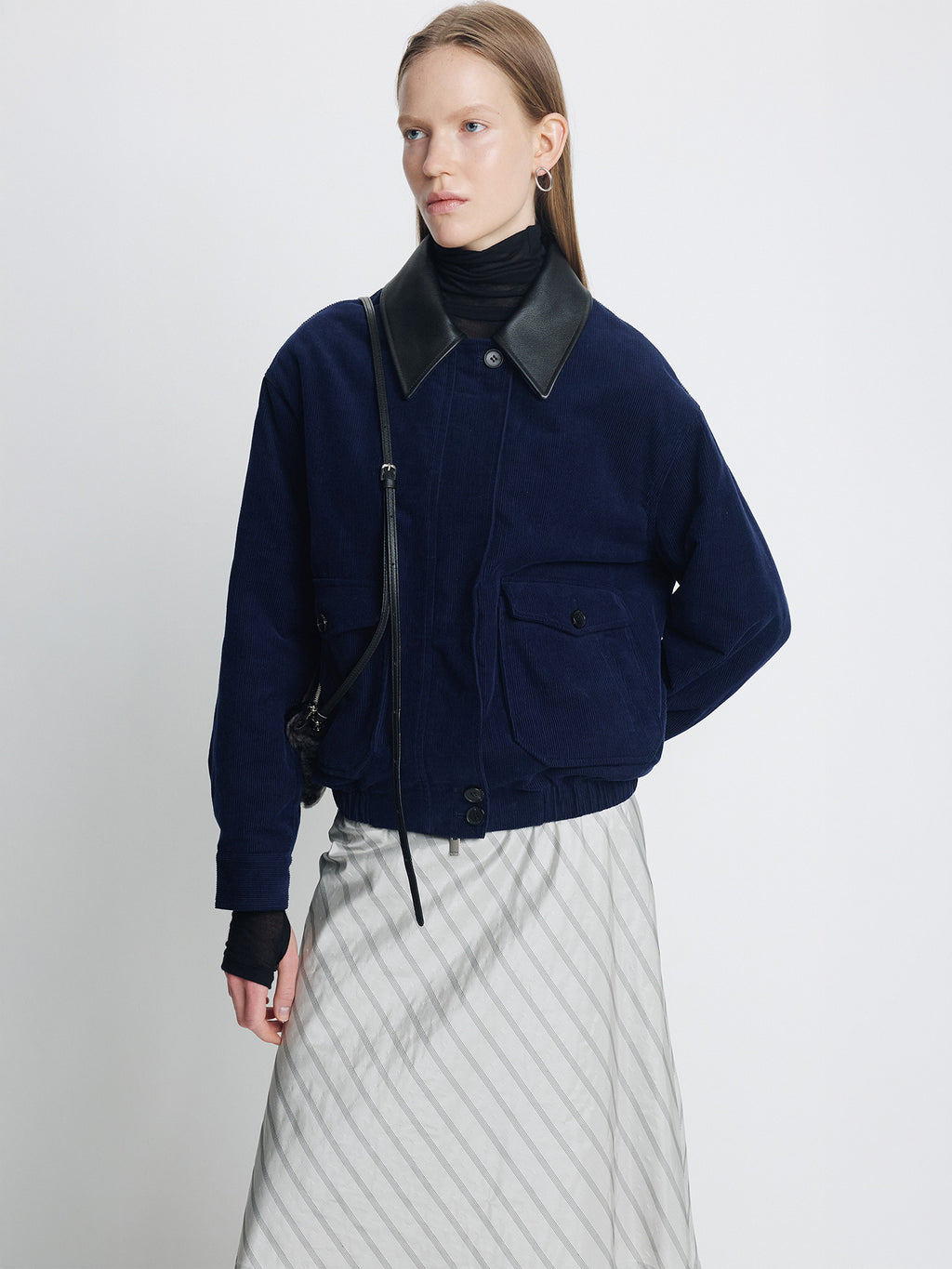 Tonywack - Leather Collar Corduroy Bomber Jacket (Midnight Blue) product image 3 | TRAB K-Fashion Australia