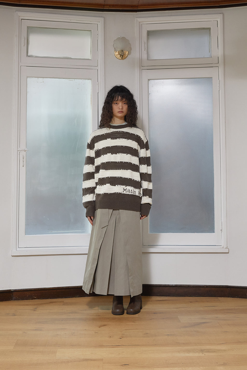 Matin Kim - Stripe Vintage Loose Pullover (Khaki Brown) product image 6 | TRAB K-Fashion Australia