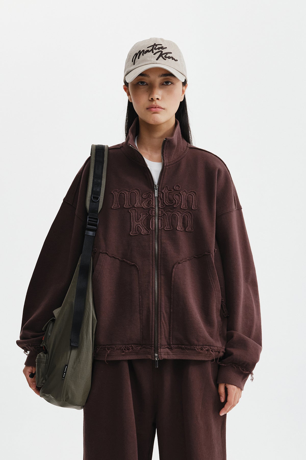 Matin Kim - [Pre-Order – Ships August 24] Mixed Waffle Applique Logo Zip Up (Brown) product image 6 | TRAB K-Fashion Australia