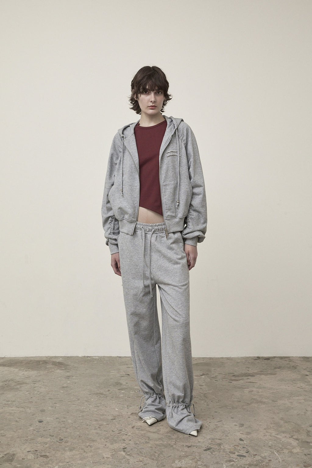 Matin Kim - Sleeve String Detail Hoody Zip Up (Grey) product image 13 | TRAB K-Fashion Australia