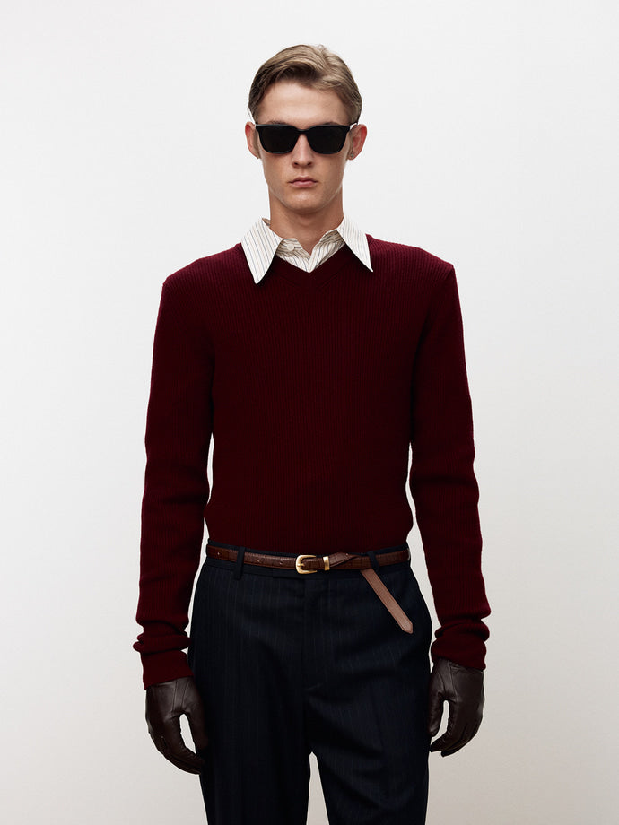 Tonywack - Super Fine Wool Ribbed V-Neck Sweater (Maroon) product image 5 | TRAB K-Fashion Australia