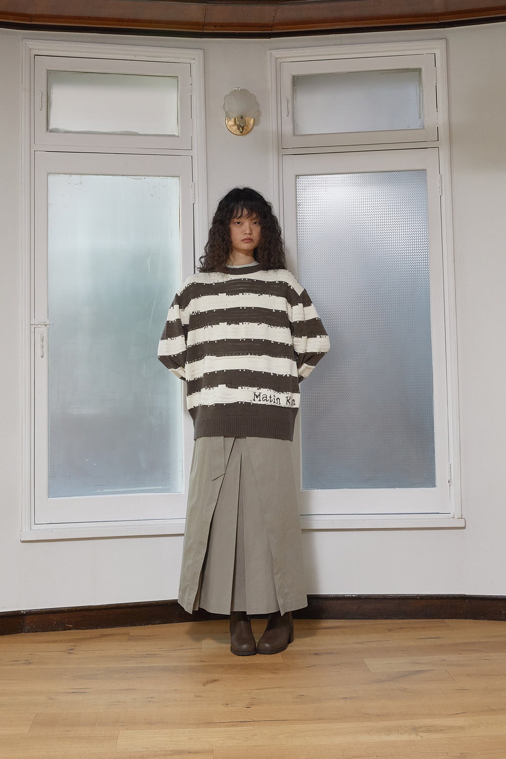 Matin Kim - Stripe Vintage Loose Pullover (Khaki Brown) product image 9 | TRAB K-Fashion Australia
