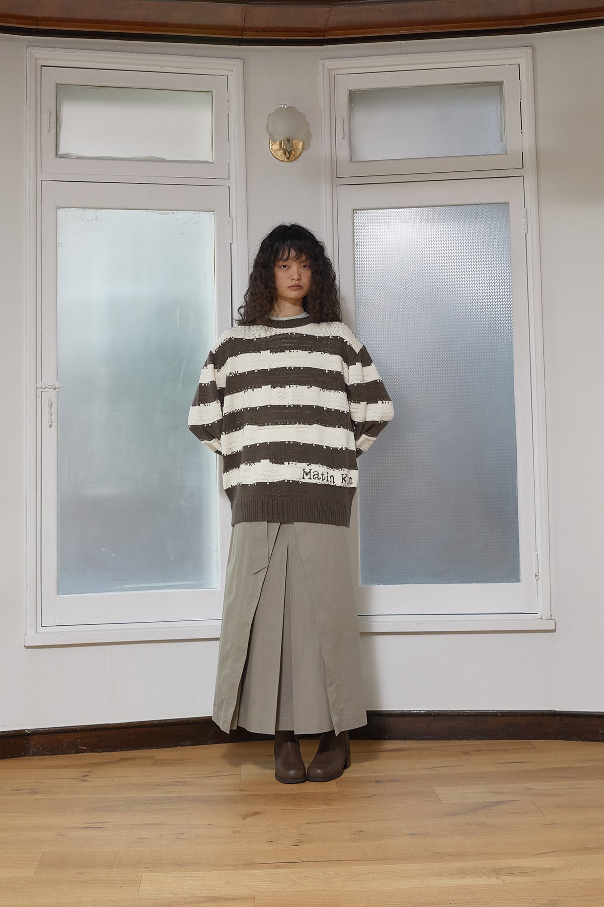 Matin Kim - Stripe Vintage Loose Pullover (Khaki Brown) product image 9 | TRAB K-Fashion Australia