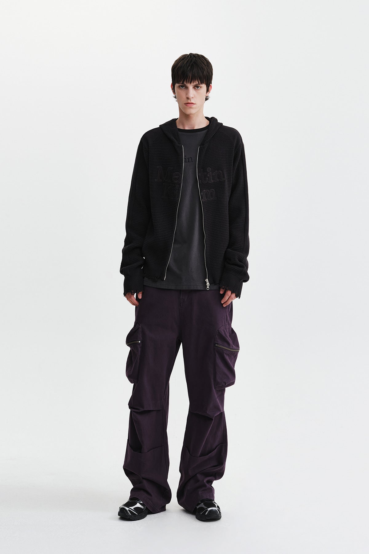 Matin Kim - Waffle Texture Hoody Knit Zip Up (Charcoal) product image 11 | TRAB K-Fashion Australia