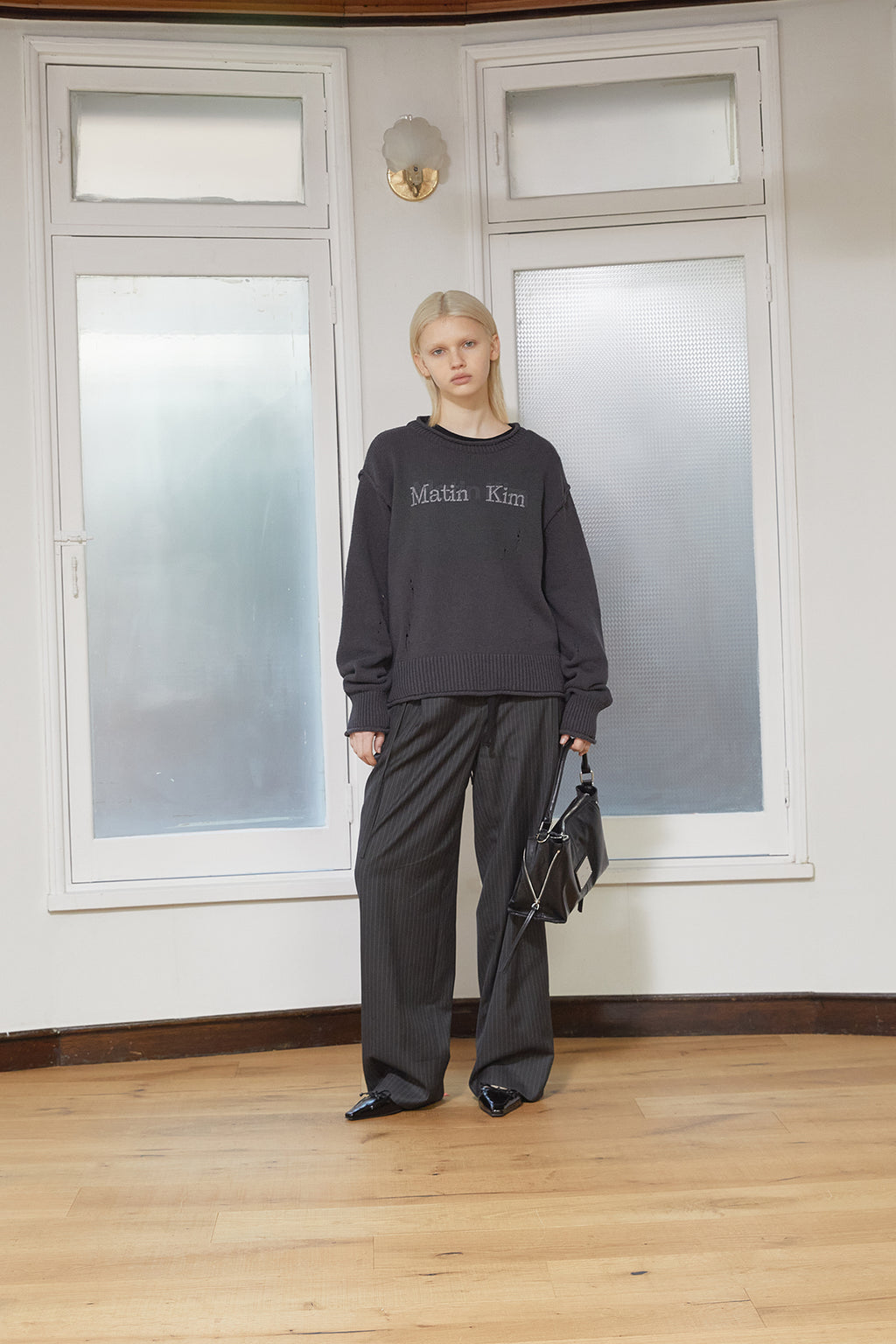 Matin Kim - Crack Logo Vintage Knit Pullover (Charcoal) product image 8 | TRAB K-Fashion Australia