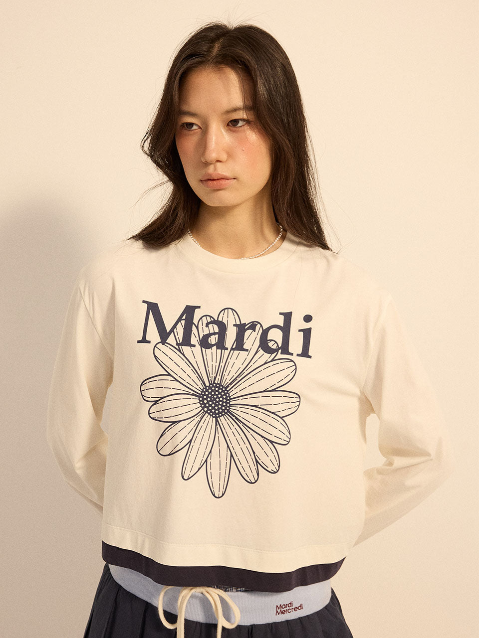 Mardi Mercredi - Tshirt Long Sleeve Flowermardi Layered Detail (Cream Navy) product image 1 | TRAB K-Fashion Australia