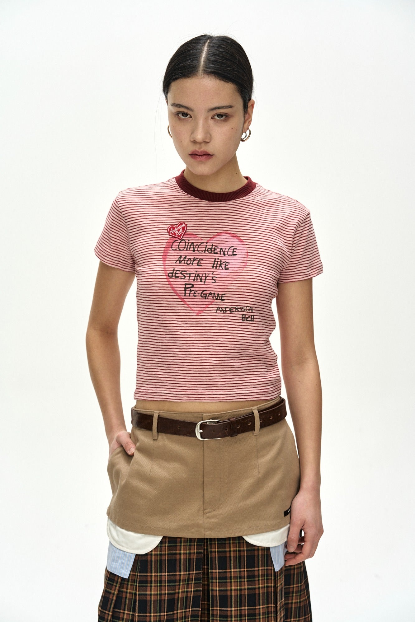 Andersson Bell - (essential) Heart Message Stripe T-Shirt (Pink/Wine) product image 1 | TRAB K-Fashion Australia