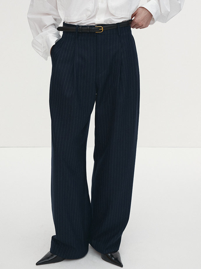 Tonywack - Striped Wool Double-Pleats Wide Trousers (Navy Pinstripe) product image 1 | TRAB K-Fashion Australia