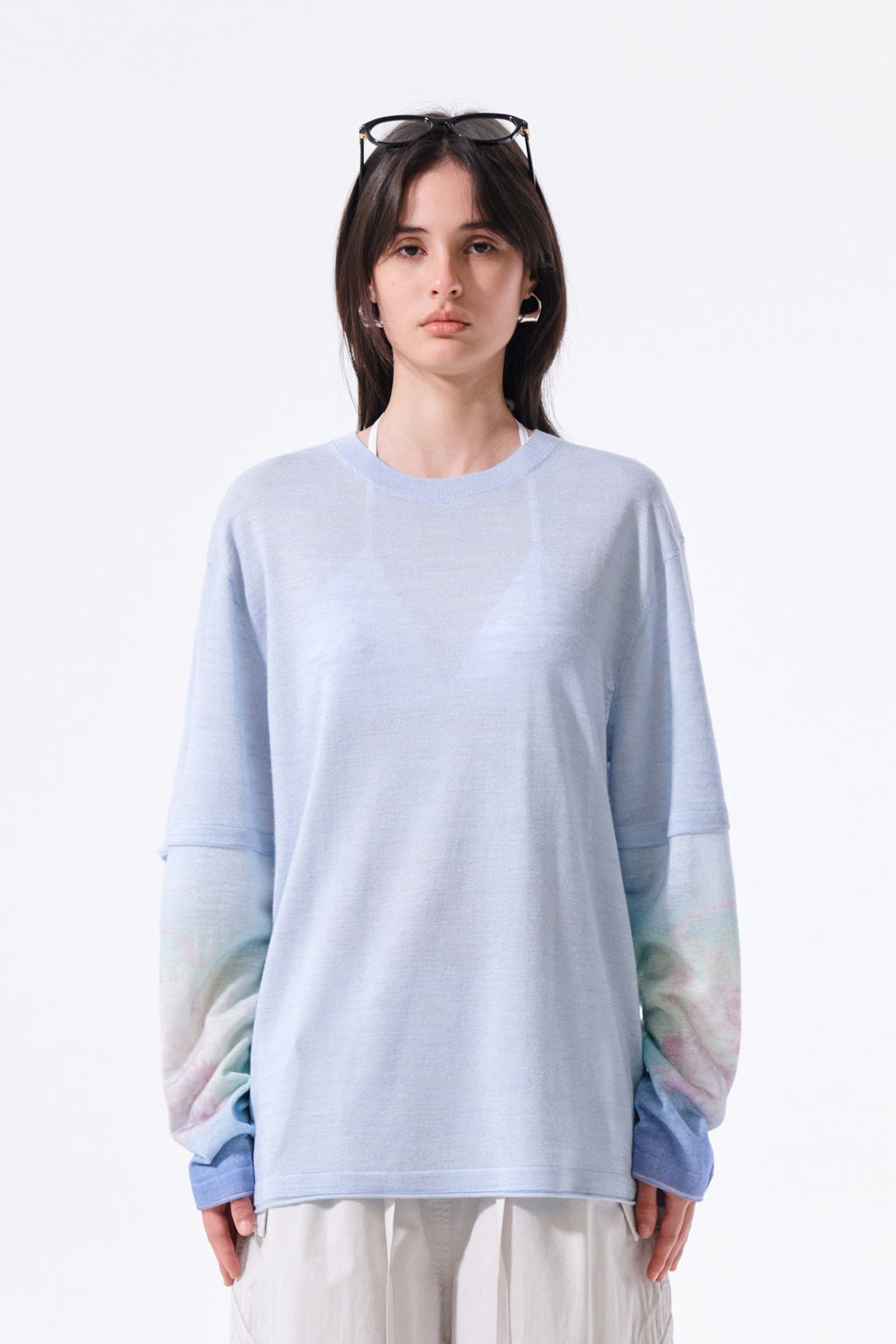 Matin Kim - Sleeve Print Knit Pullover (Light Blue) product image 11 | TRAB K-Fashion Australia