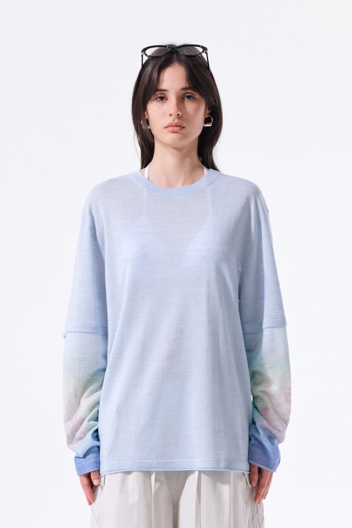 Matin Kim - Sleeve Print Knit Pullover (Light Blue) product image 11 | TRAB K-Fashion Australia