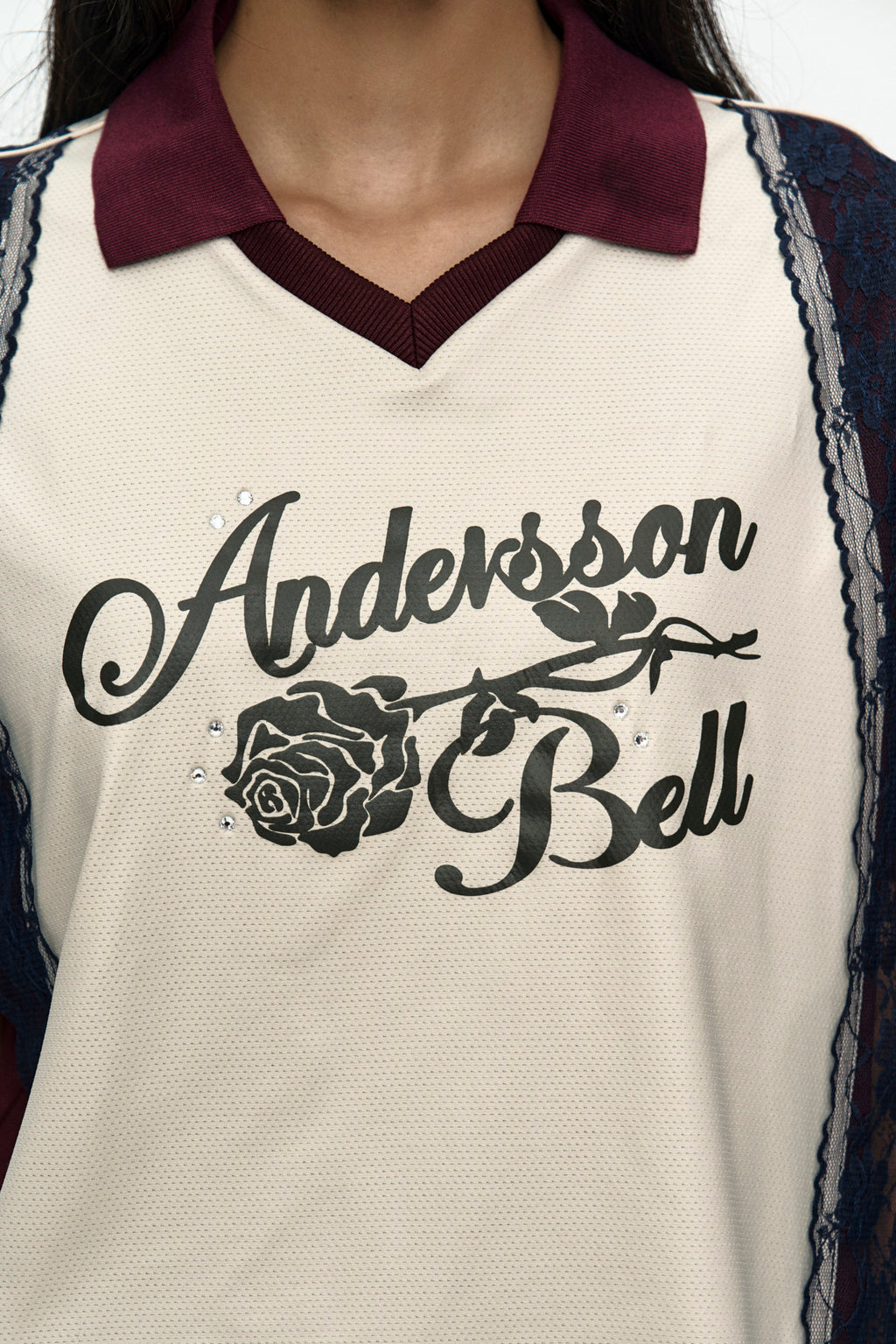 Andersson Bell - Lace Trimmed Polo Jersey Top (Wine/Light Yellow) product image 5 | TRAB K-Fashion Australia