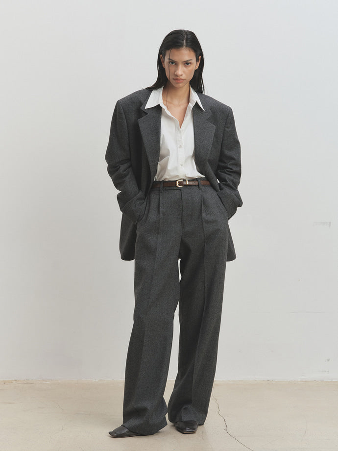Tonywack - Herringbone Wool Wide-Leg Pleated Trousers (Mid-Grey Herringbone) product image 1 | TRAB K-Fashion Australia
