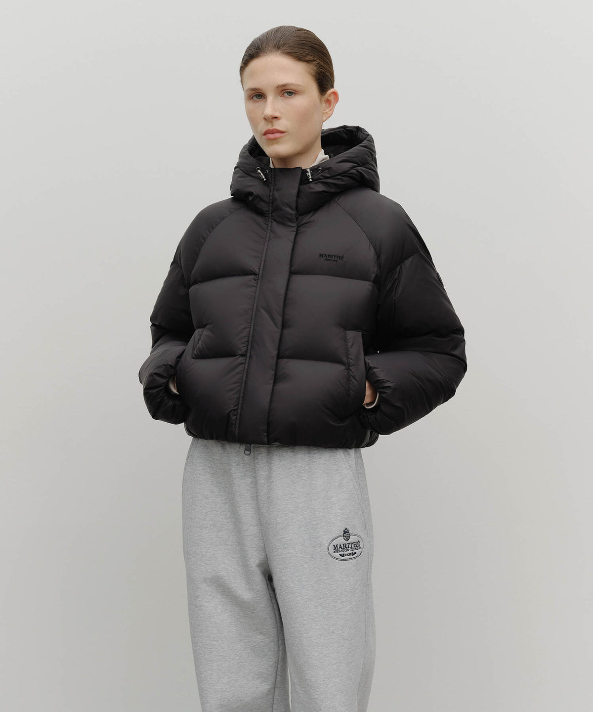 Marithe & Francois Girbaud - Regular Logo Hooded Crop Down Jacket (Black) product image 1 | TRAB K-Fashion Australia