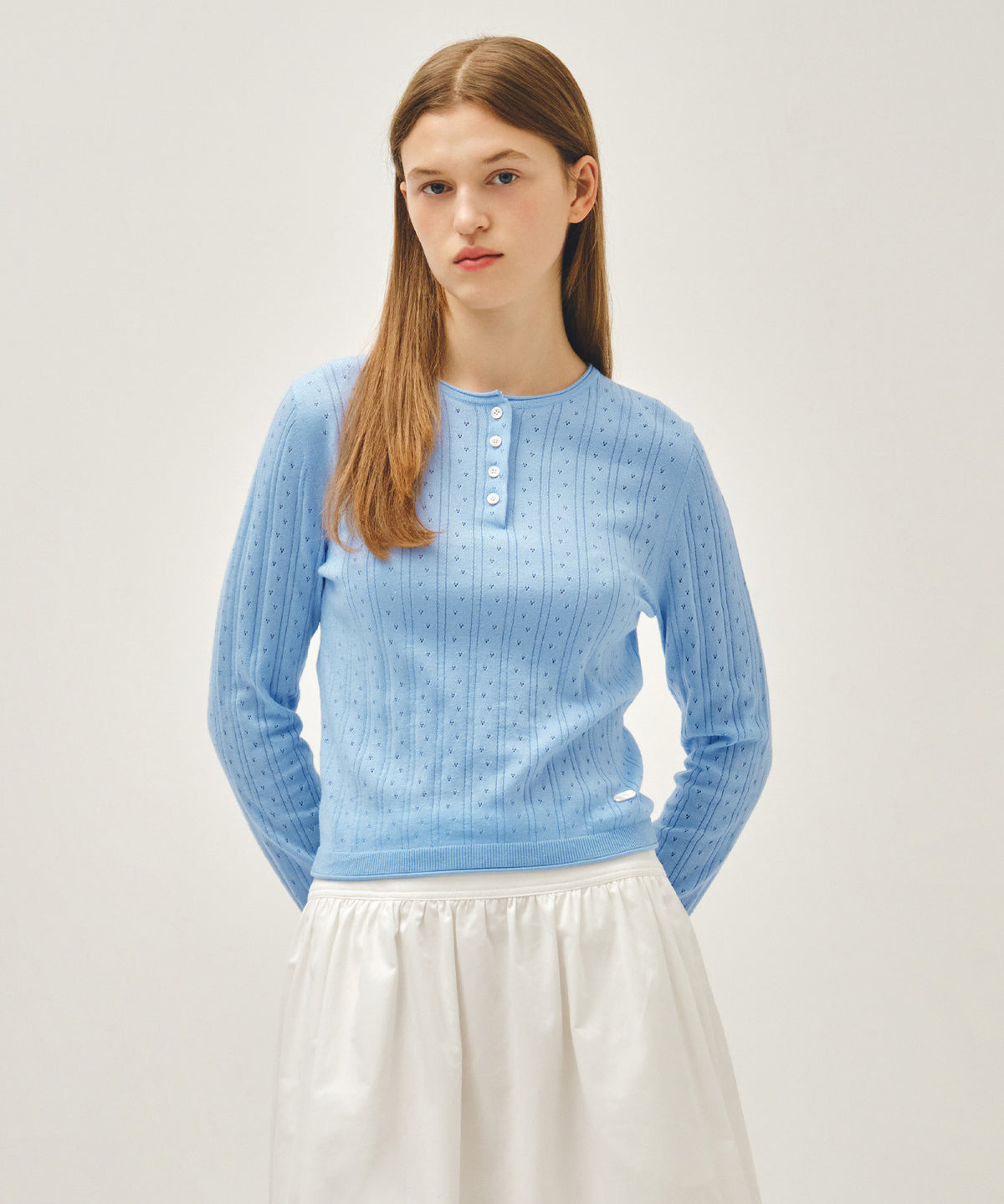 Marithe & Francois Girbaud - Crochet Half Button Knit (Sky Blue) product image 1 | TRAB K-Fashion Australia