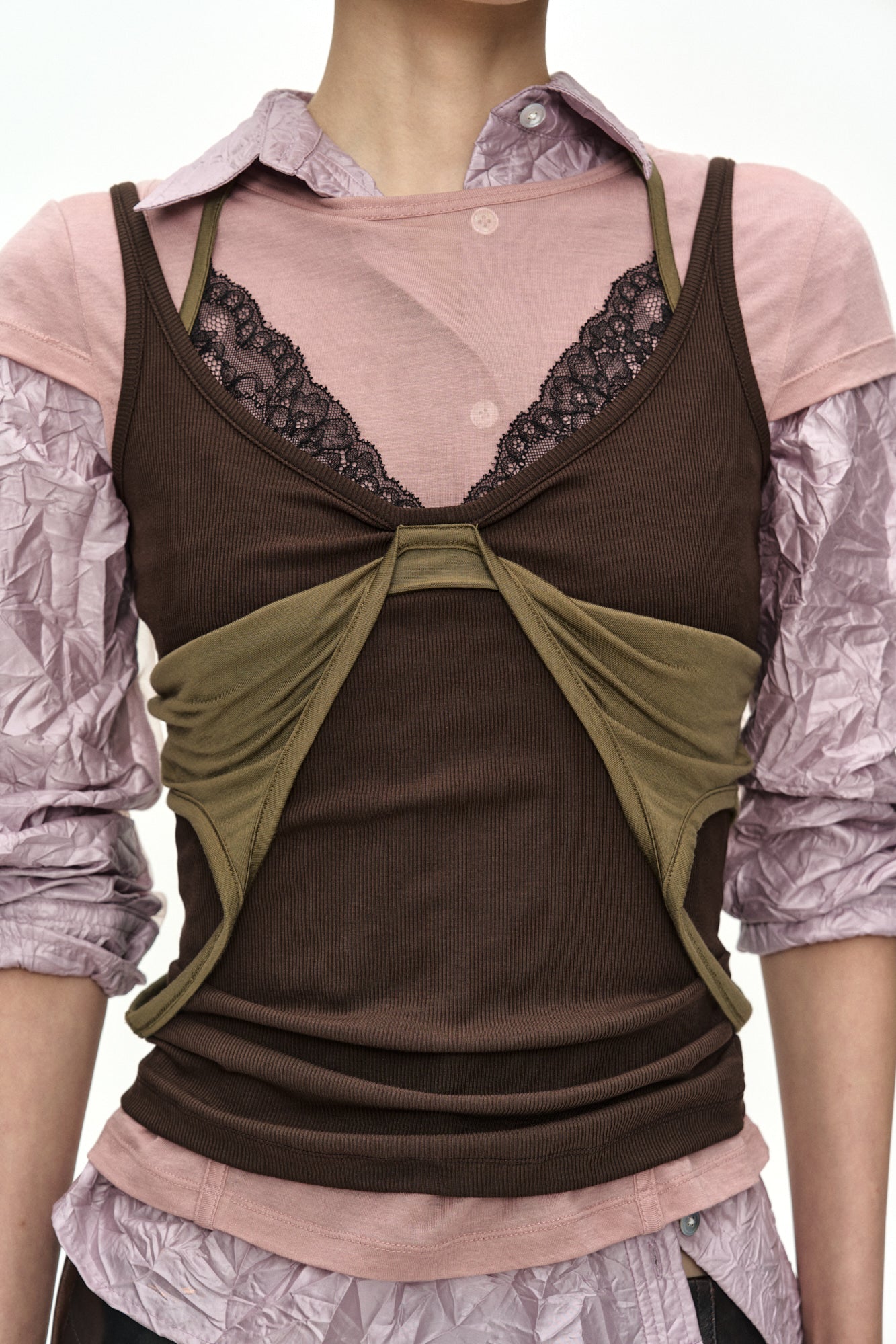 Andersson Bell - [Pre-Order – Ships June 24] Upside-Down Layered T-Shirt (Pink/Brown) product image 6 | TRAB K-Fashion Australia
