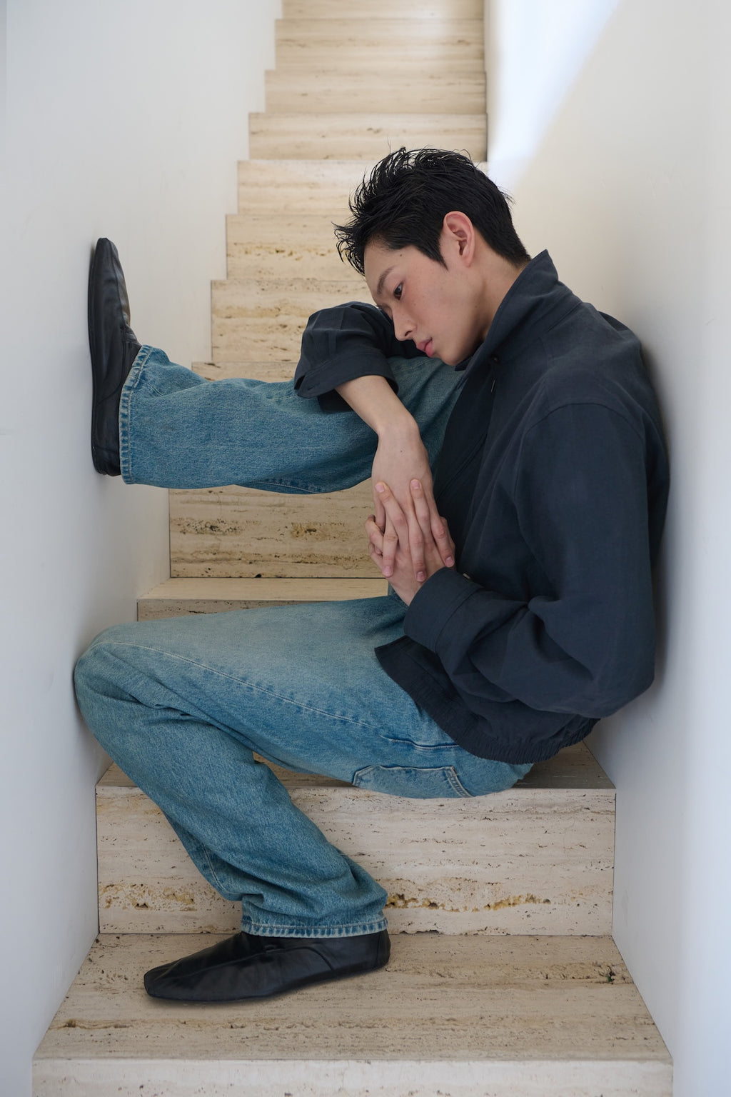 STU - Twist Curved Denim Pants (Mid Blue) product image 9 | TRAB K-Fashion Australia