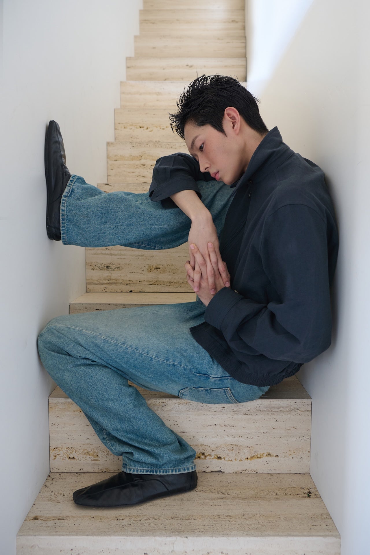 STU - Twist Curved Denim Pants (Mid Blue) product image 9 | TRAB K-Fashion Australia
