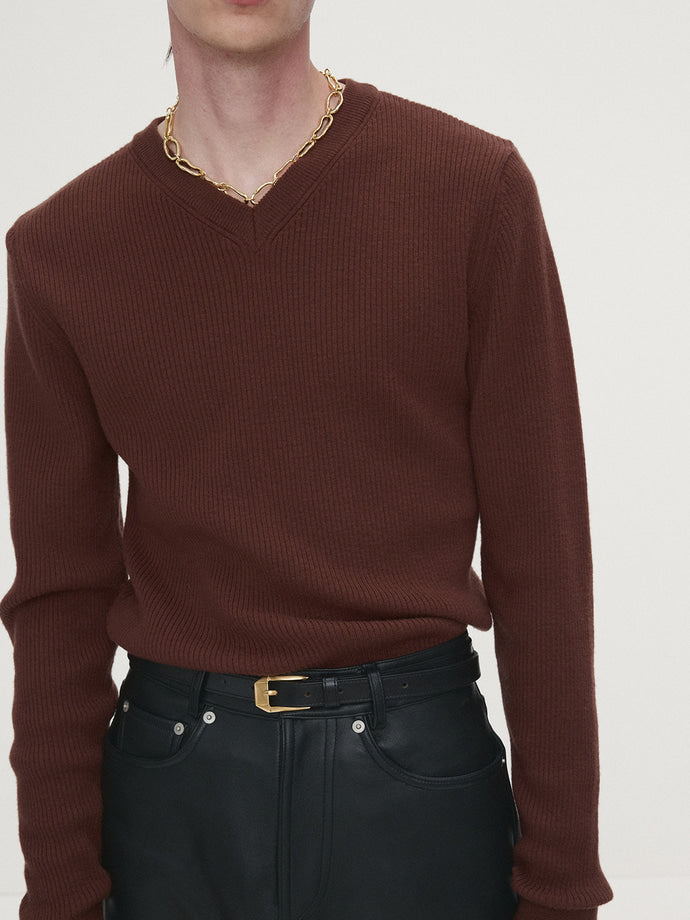 Tonywack - Super Fine Wool Ribbed V-Neck Sweater (Brown) product image 6 | TRAB K-Fashion Australia