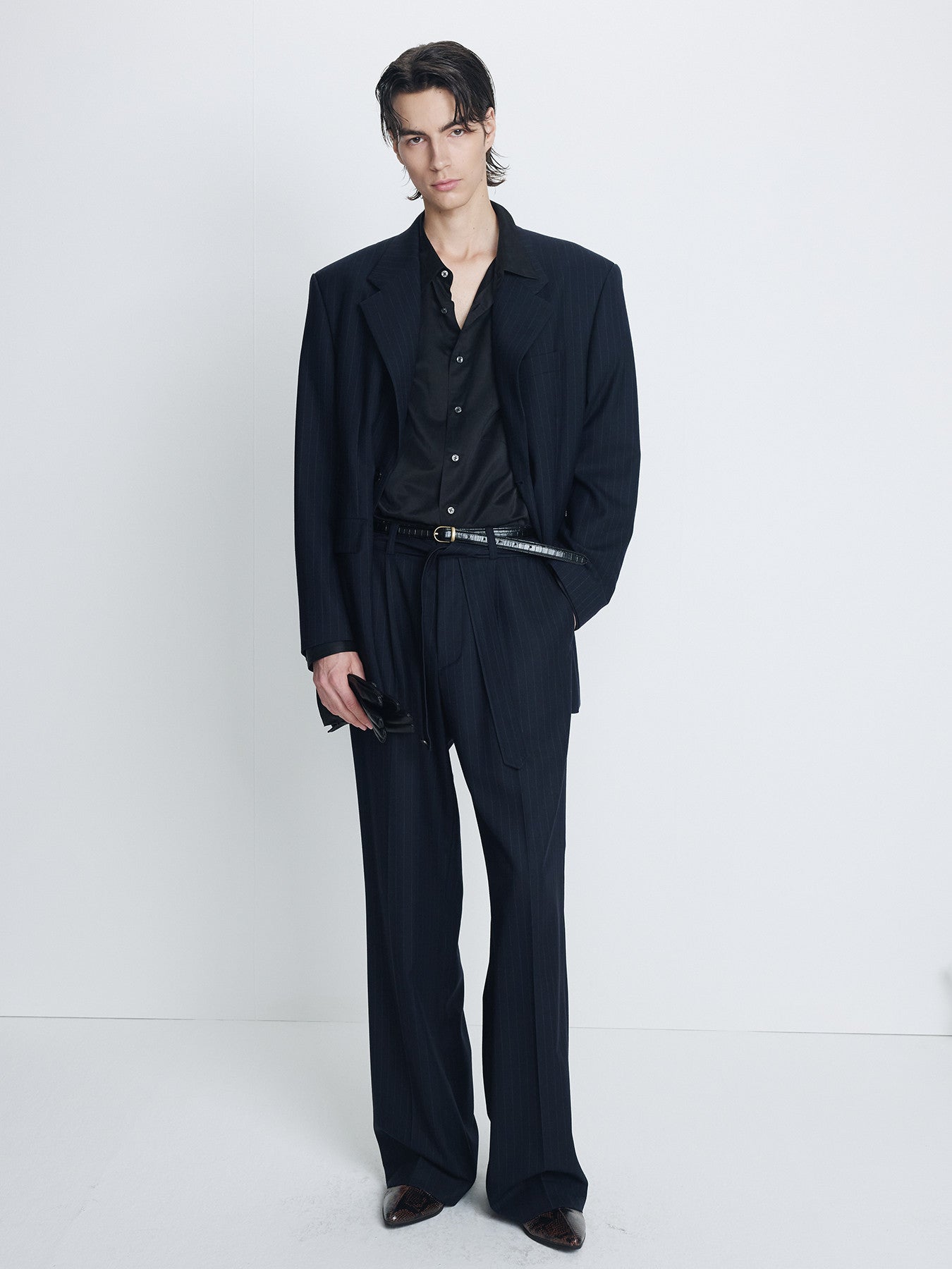 Tonywack - Pinstriped Wool Belted Trousers (Navy Pinstripe) product image 6 | TRAB K-Fashion Australia