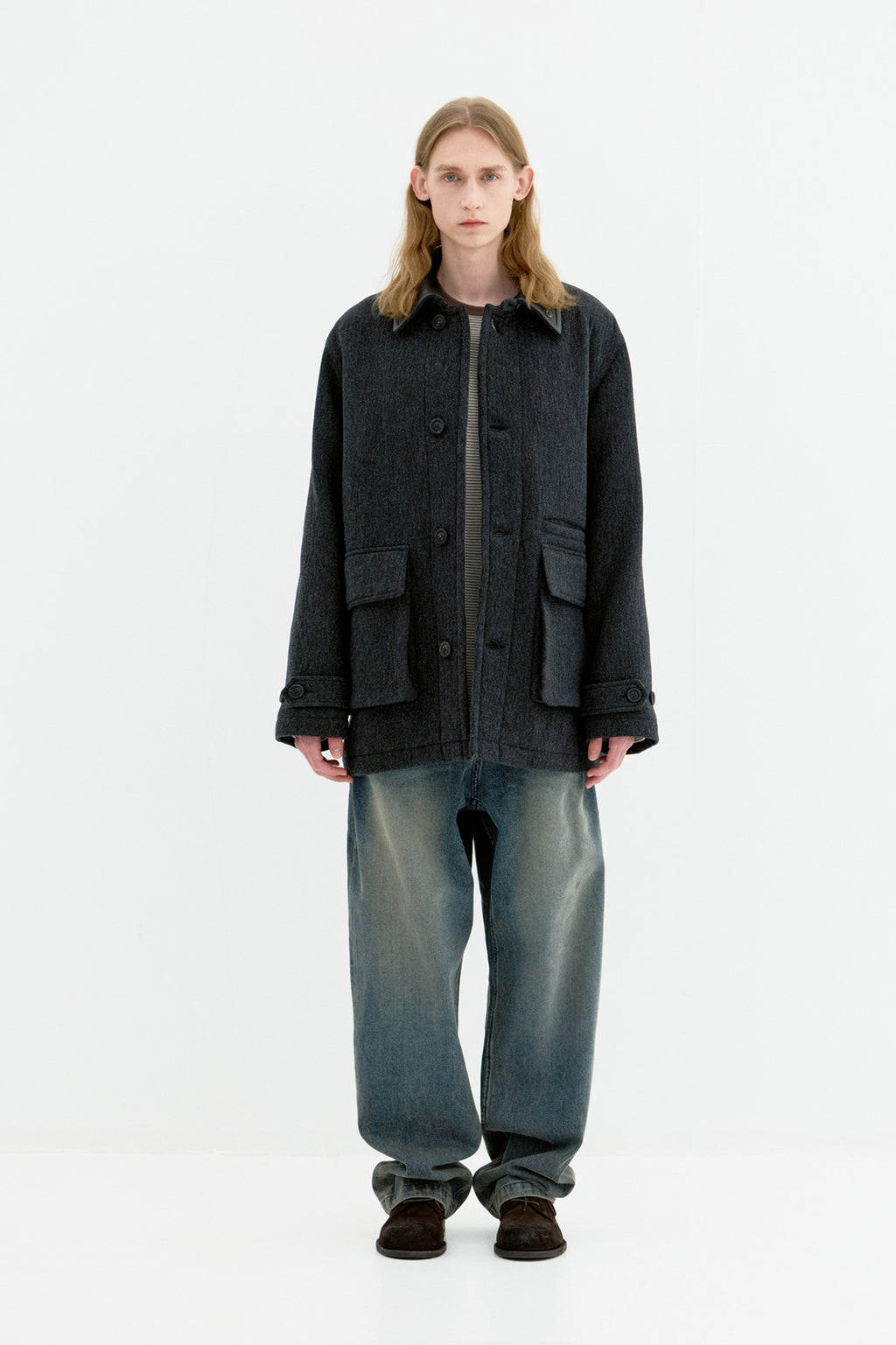 Coor - Trimming Leather Patchwork Coat (Melange Charcoal) product image 2 | TRAB K-Fashion Australia