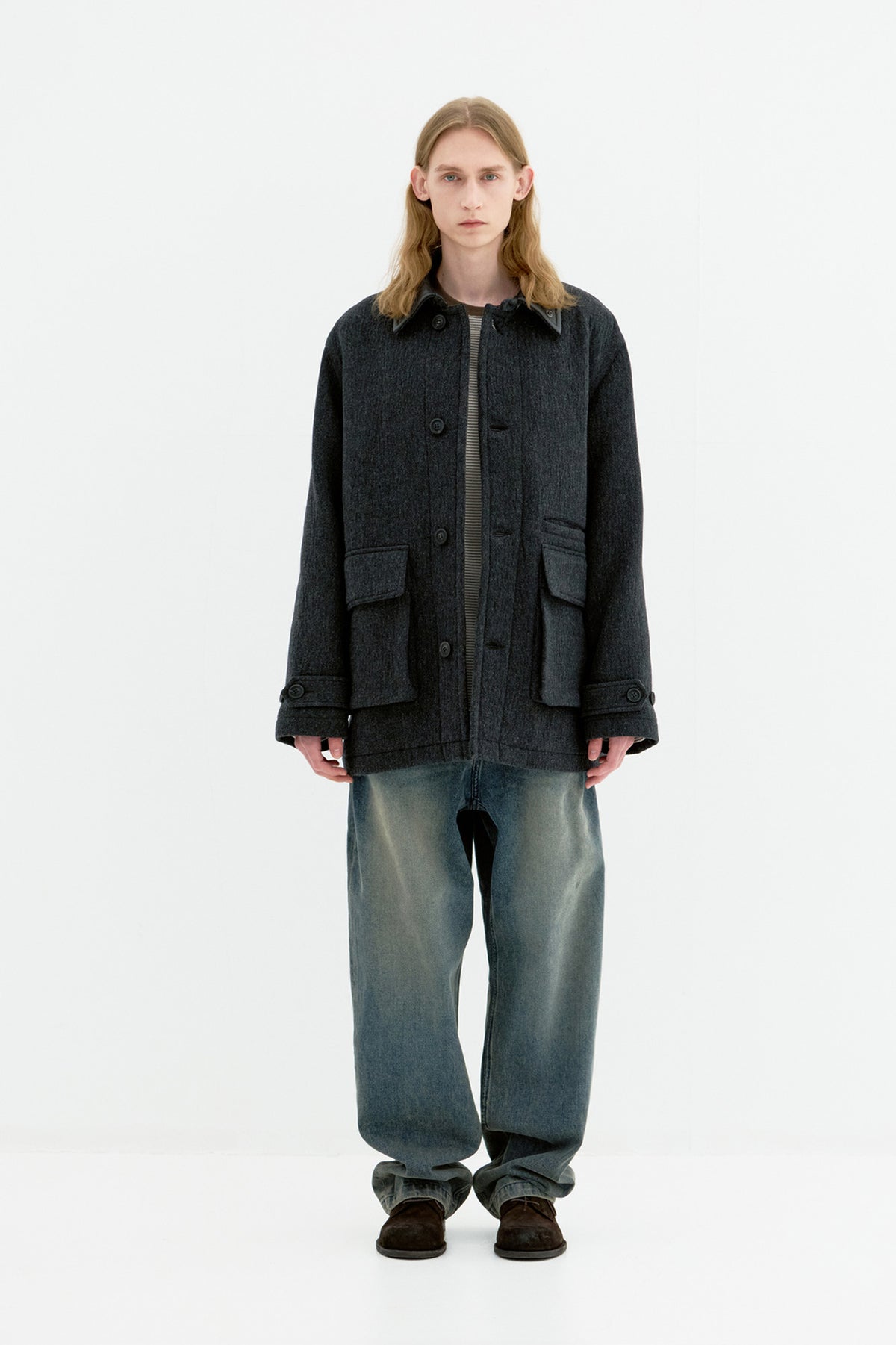 Coor - Trimming Leather Patchwork Coat (Melange Charcoal) product image 2 | TRAB K-Fashion Australia