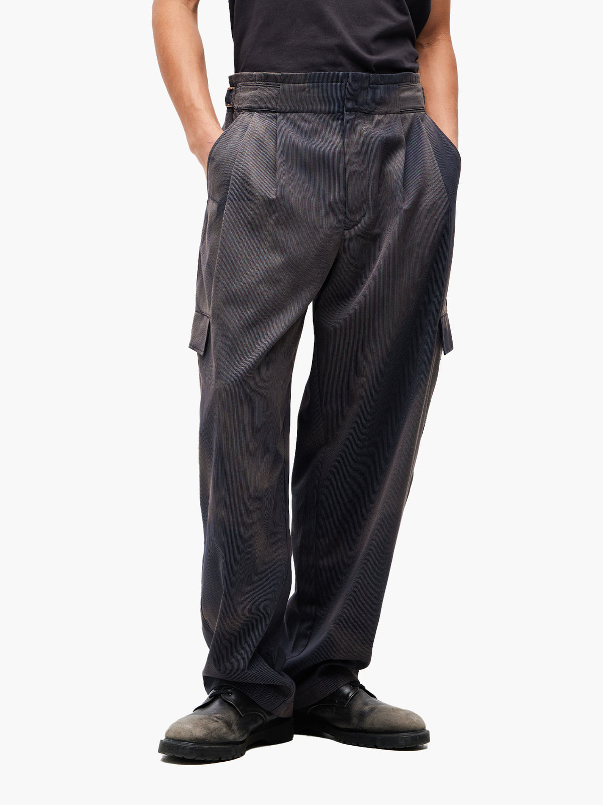 Jiyong Kim - Sun-Bleached Pleated Trousers (Pin Stripe Grey) product image 3 | TRAB K-Fashion Australia