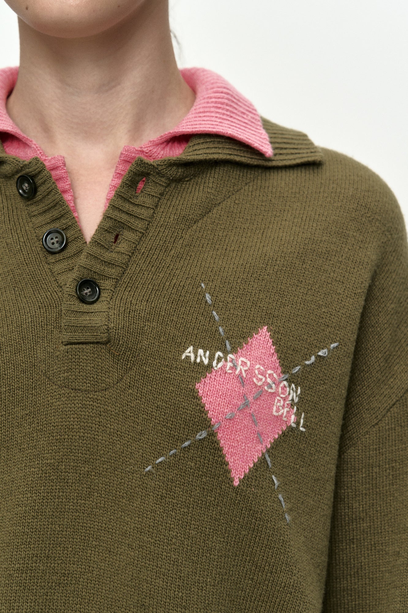Andersson Bell - Double Collar Argyle Logo Sweater (Khaki/Pink) product image 7 | TRAB K-Fashion Australia