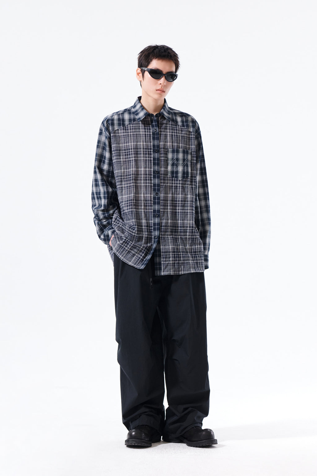 Matin Kim - Mixed Check Over Fit Shirt (Navy) product image 16 | TRAB K-Fashion Australia