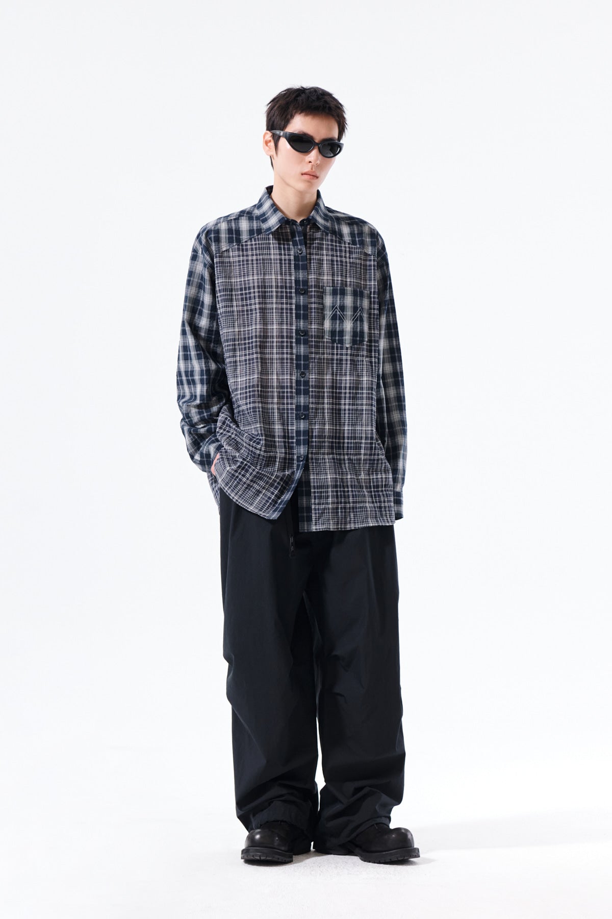 Matin Kim - Mixed Check Over Fit Shirt (Navy) product image 16 | TRAB K-Fashion Australia