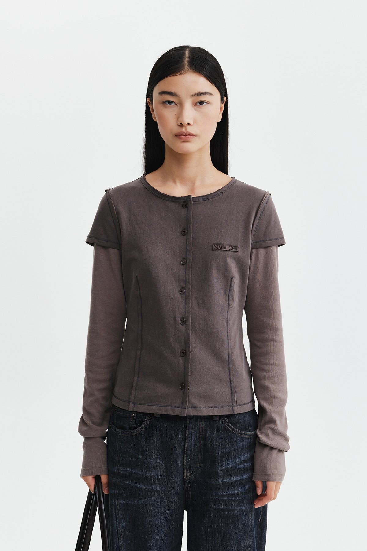 Matin Kim - Faded Color Block Layered Button Top (Cocoa) product image 6 | TRAB K-Fashion Australia