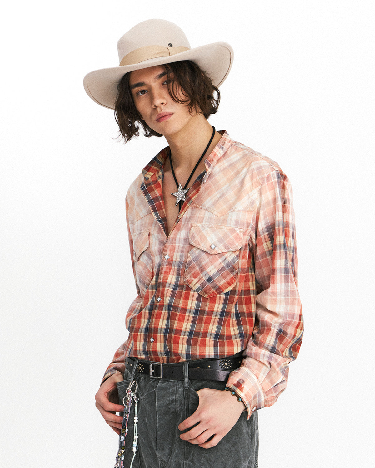 Eastlogue - Band Collar Western Shirts (Spilled Red Check) product image 3 | TRAB K-Fashion Australia