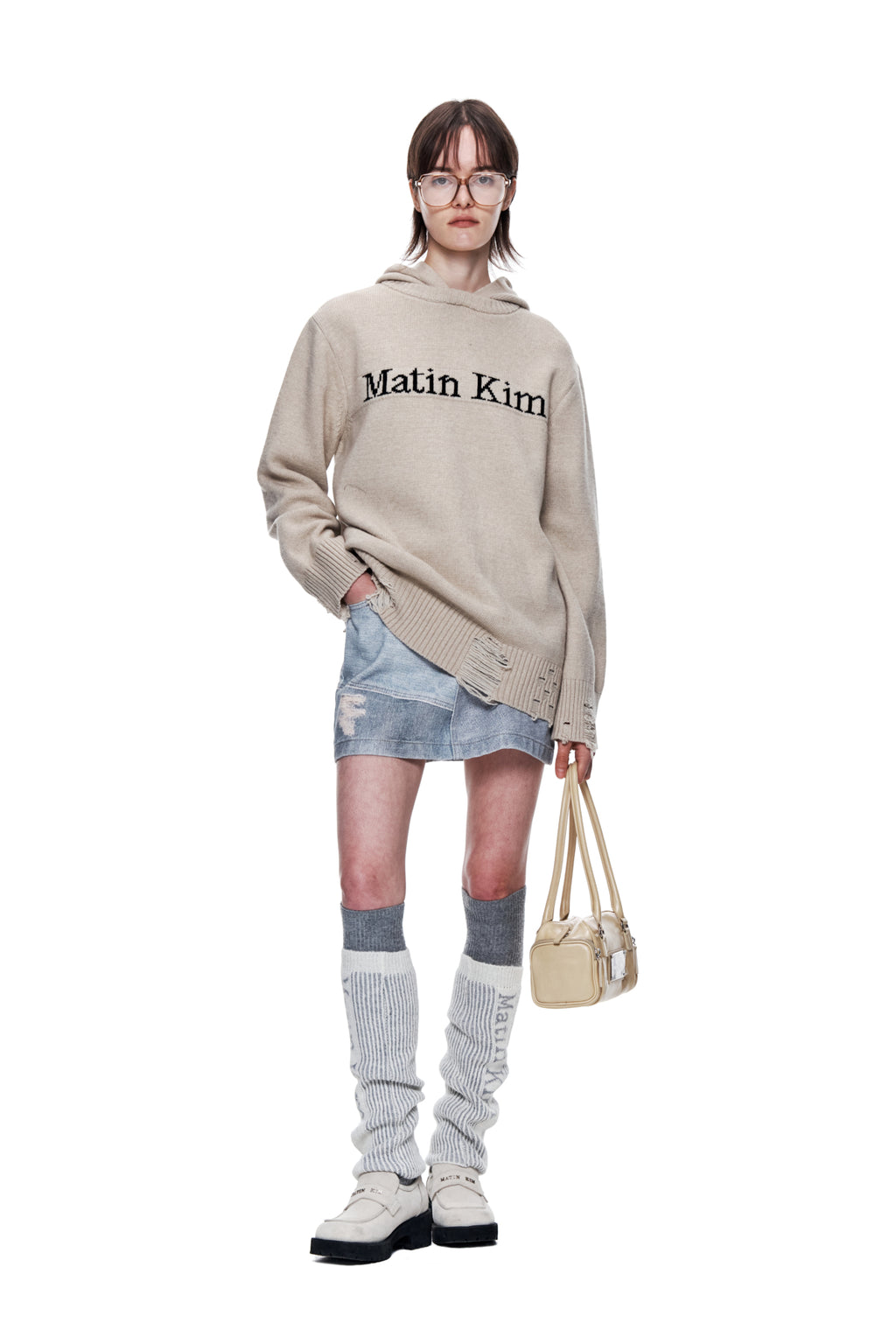 Matin Kim - Damage Logo Knit Hoodie (Beige) product image 8 | TRAB K-Fashion Australia